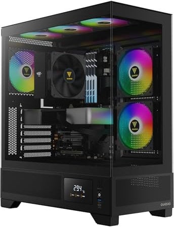 GAMDIAS PC Case, ATX Gaming Mid Tower, No-Hub, Real-time Monitor, Seamless Tempered Glass, Pre-install 3 x 120 mm ARGB PWM Fans, Side Vents Perforated, Black