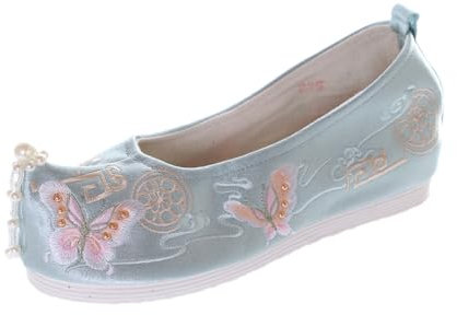 BJ-002-2 Ballerine en tissu chinois Motif papillon Bleu clair brodé Vintage Hanfu Ballerine en tissu chinois Chaussures à enfiler Escarpins antidérapants, Rose, 41 EU Étroit