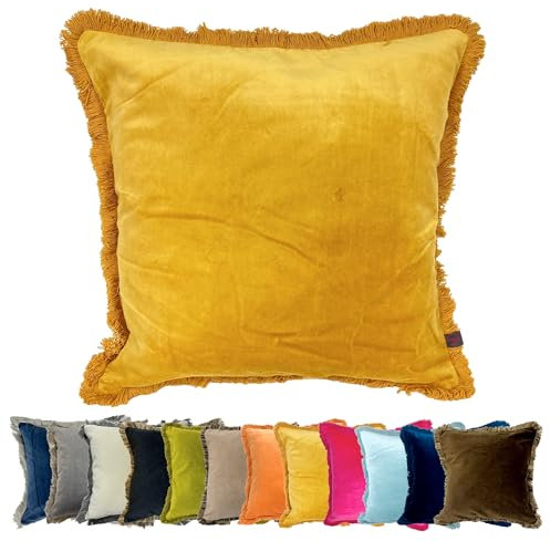 Ragged Rose Felicity Fringe Velvet Cushion Cover - 50cm x 50cm Covers with Zip-Fastening - Living Room & Bedroom Accessories - Mustard