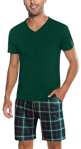 Bresdk Schlafanzug Herren Pyjama Kurz Sommer Schlaf Shorts Herren Kariert mit Taschen Grün Rot XL