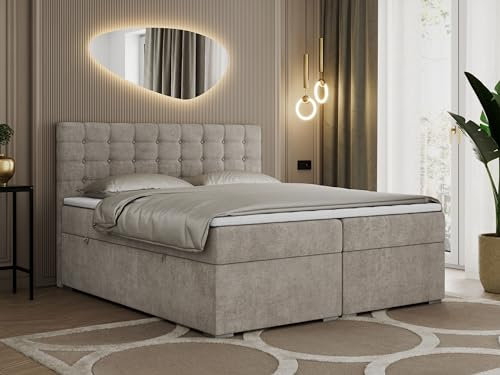MKS MEBLE Boxspringbett Beige 140x200, Polsterbett 140x200 mit Bettkasten, Bett 140x200 mit Multipocket-Matratze H4, Boxspringbett 140x200 mit Kopfteil und Topper - H4 Beige Strukture - Susan