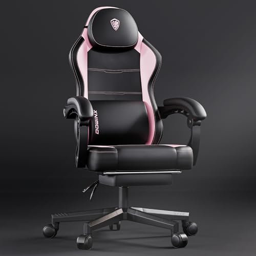 Dowinx Gaming Chair with Footrest, Gaming Chair for Adults, Ergonomic Gaming Chair with Pocket Spring Cushion and Massage Lumbar Support, High Back Leather Video Game Chair Office, 200kg Pink