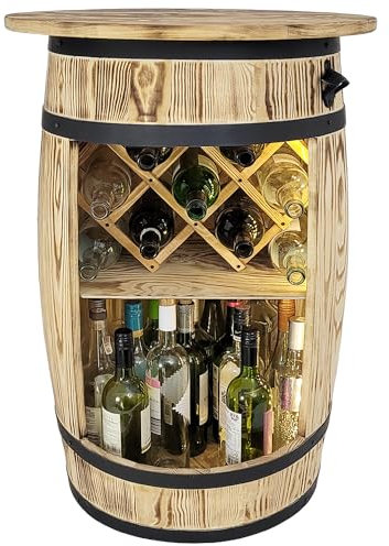 weeco Barile in legno con top blat e porta vino e luci a LED – Tavolo bar – Armadietto per vino in stile retrò – Tavolo da bar – Barile in legno con coperchio 80 x 50 cm