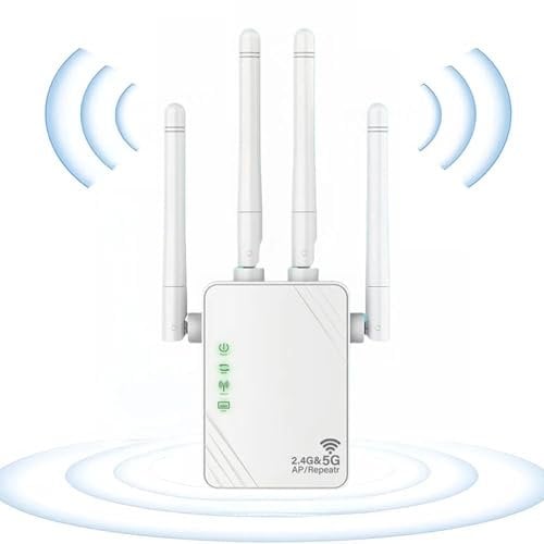 AILKIN Repetidor WiFi, Amplificador WiFi Blanco 1200Mbps Doble Banda 2.4G/5G, Amplificador WiFi, 2 Puertos LAN/WAN, 4 Antenas, Extensión WiFi para Casa y Oficina, Repetidor/Router/Ap