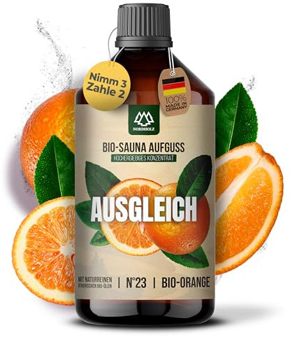 NORDHOLZ® Saunaaufguss BIO [NATURREINE ÄTHERISCHE BIO-ÖLE] Sauna Aufgussmittel #23 Ausgleich 250ml Orange - Sauna Aufguss aus Franken - Saunaduft