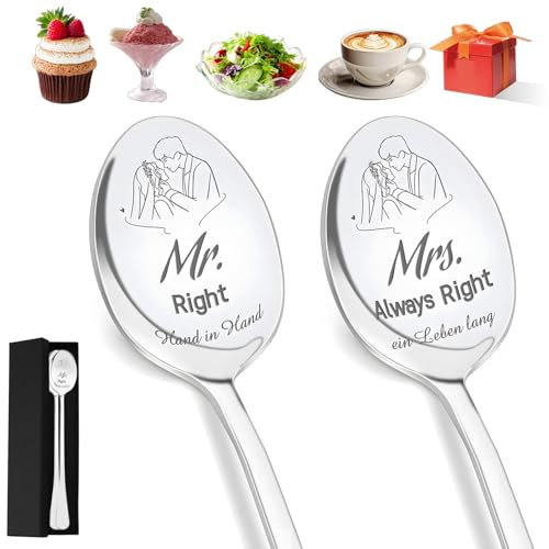 2 Stücke Kaffeelöffel mit Gravur, Hochglanzpoliert Dessertlöffel Teelöffel Mit Geschenkbox, Hochzeitsgeschenke für Brautpaar, Hochzeitstag Geschenke, Valentinstag, Weihnachten Geschenk