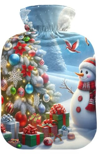 Snowman and Reindeer Christmas Tree Hot Water Bottles with Velvet Cover Hot Water Bag for Hot and Cold Compress, 2 Liters