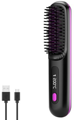Vmxlso Cordless Hair Straightener Brush, Portable Wireless Hair Straightening Brush, Cordless Hot Brush with 3 Temperature Settings, 4000 MAh USB Rechargeable Mini Hair Straightener for Women Travel