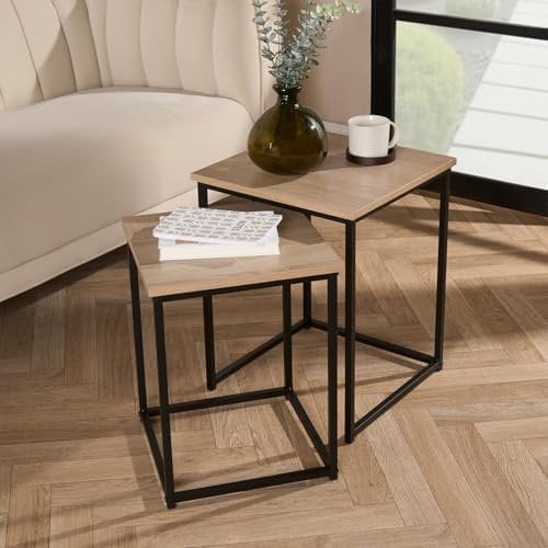 OHS 2 Nest of Tables, Side Tables for Living Room Wooden Stylish Decorative Coffee Table Set Home Interior Sturdy Metal Frame Square Nesting Table