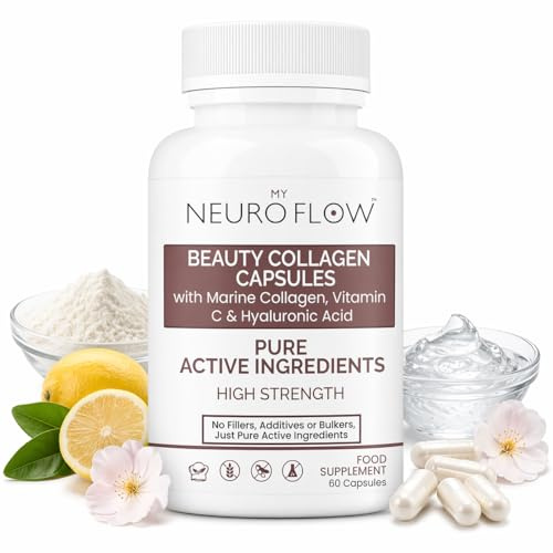 Neuro Flow | Marine Collagen with hyaluronic Acid | Collagen Capsules | high Strength Collagen | Collagen Vitamin c Complex | Marine Collagen Capsules with hyaluronic Acid | 60 Capsules | UK Made