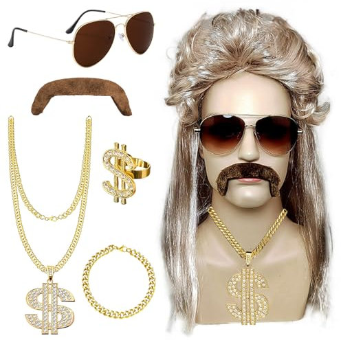 Vokuhila Perücke, 6er Vokuhila Perücke Herren, Männer Blonde Vokuhila 80er Perücke, Blond Perücken Sonnenbrille Halskette Bart, 80er Jahre Outfit Herren für Karneval,Mottoparty,Cosplay,Party