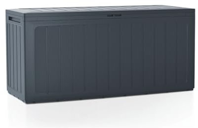 Stolmet Garden Storage Box 190 and 280 Litre Boardebox Effect | Plastic Outdoor Patio Parcel Tool Chest Log Store | Lockable Water-Resistant Weatherproof | Anthracite and Brown (Anthracite, 280L)