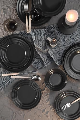 Elegante juego de cena de 24 piezas, 100% porcelana, antracita, incluye servicio, platos profundos, postres y cuencos, apto para lavavajillas y microondas, perfecto para cenas modernas