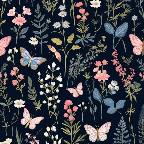 JIAOQSS Removable Wallpaper Navy Blue Floral Stick on Wallpaper Vintage Floral Butterfly for Living Room Bedroom Vinyl Wrap for Furniture Removable