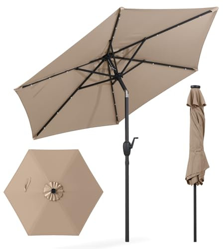 COSTWAY Sonnenschirm 230 cm mit LED-Solar-Beleuchtung, Gartenschirm mit Kurbel, beidseitig um 35° knickbar, Terrassenschirm mit 6 Rippen, Marktschirm für Garten, Balkon, Terrasse (Hellbraun)