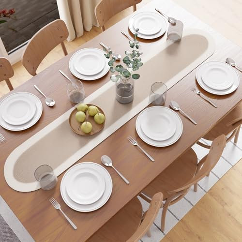 Encasa XO Camino de Mesa | Estilo Acanalado Hecho a Mano en Algodón | 30x137 cm | Beige y Blanco Roto | para Mesas de Centro y de Café