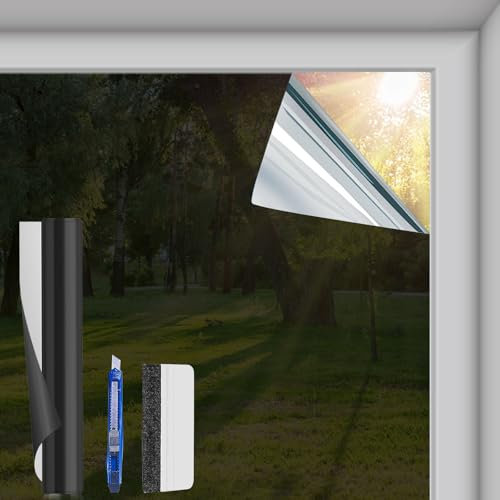 Film Fenetre Anti Regard - 44.5x200 cm - Anti Chaleur Anti UV, Film Miroir pour Fenetre avec Kit de Pose, Protection de la Vie Privée, Protection Solaire, pour Fenêtr Maison Bureau Magasin,Noirargenté
