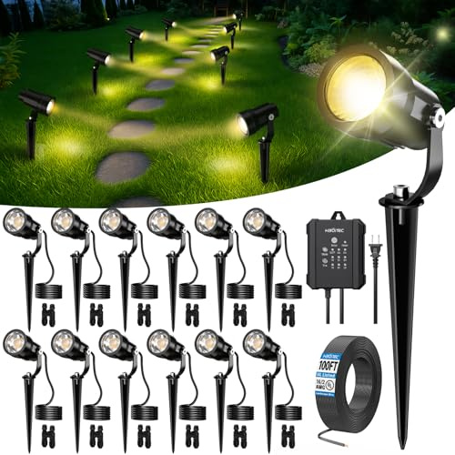 HIBOITEC 12Pcs 5W Gartenbeleuchtung Set mit Timer ＆ Fotozellensensor | Kabel & Verbinder für Flexible Leuchtenabstände, IP65 Wasserdicht Gartenstrahler mit 65W Transformator für Rasen