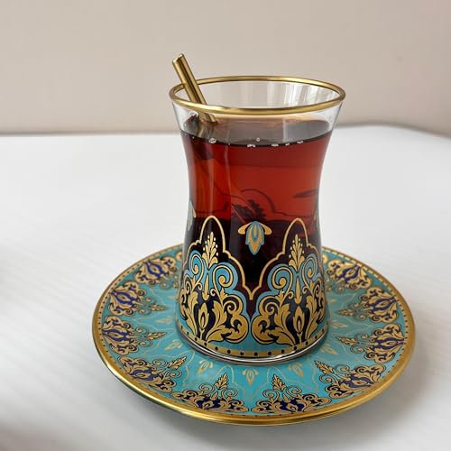 Set di 6 bicchieri da tè turchi artigianali con piattini, tazze da tè turco vecchio stile, set di 6 bicchieri da tè arabi vintage per feste da donna, vetro persiano e marocchino vintage (oro perlato)