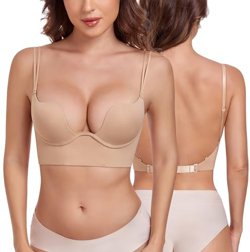 Lemorosy Women's Backless Push Up Low Cut Convertible Multiway Underwire Padded Bra
