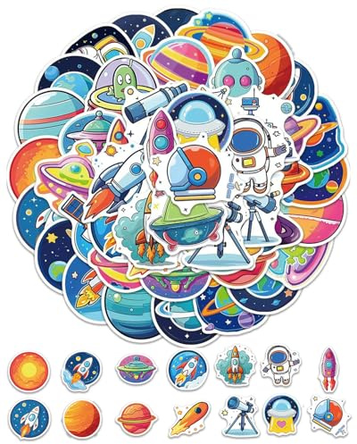 HUVZOR 50 Stück Astronauten Weltraum Sticker Planeten Aufkleber Wasserfeste Vinyl Cartoon Weltall Aufkleber mit Stern Planet Weltraum Rakete Motiven Lustige Alien Sticker für Kinder und Space-Fans