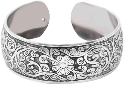 Marea Brava Brazalete Mujer Tallado Floral Vintage - Pulsera Abierta Ajustable Aleación Plateada Bohemio Étnico, Diseño Espiral Retro, Joyería Moda 25g