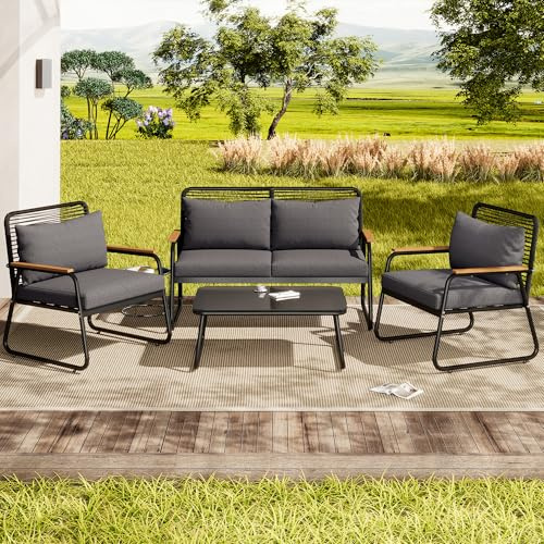 TOBIDOEN Juego de salón de jardín para 4 personas, estructura de hierro galvanizado con patas ajustables, mesa de cristal templado, incluye cojín, diseño ergonómico, color negro