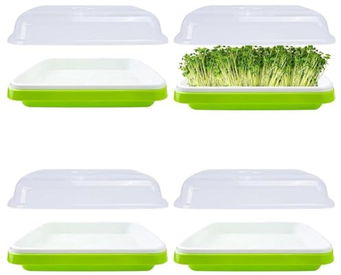 QOXEZY Plateau de démarrage de graines pour germination - 4 pièces - Réutilisable - Avec couvercle ventilé - Plateau de germination en plastique compatible avec les feuilles de moutarde, pois chiches