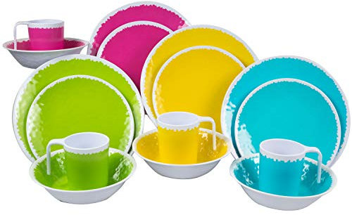 Melamin Camping Geschirr für 4 Personen in BUNTEN Farben 16 Teile - mit je 4 großen Teller, 4 Dessertteller, 4 Schälchen, 4 stapelbare Tassen - sehr robust - farbecht - sommerliches Design