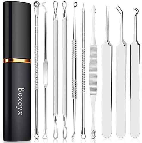 Blackhead Remover Pimple Popping Tool Kit, Boxoyx 10Pcs Professional Pimple Comedone Extractor Popper Tool Acne Removal Kit-Treatment for Pimple, Blackhead, Zit Removing, Forehead,Facial&Nose (Silver)
