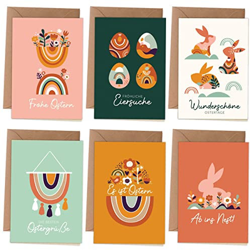 Papierdrachen Klappkarten zu Ostern - | 6 frühlingshafte Osterkarten inklusive Umschlag zur Osterzeit - Grüße an die Familie - Stilvolles Design - Motiv Boho mit UV-Lack - Set 5
