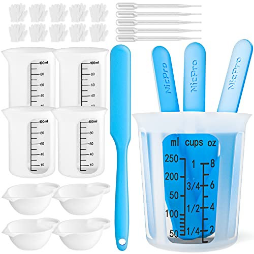 Nicpro Silikon Messbecher Set, 250 ml und 100 ml Mischbecher, Rührstäbe Silikon Becher, Pipetten, Fingerlinge für Epoxidharz, Formen, Wachsen, leicht zu reinigen, mit Skala