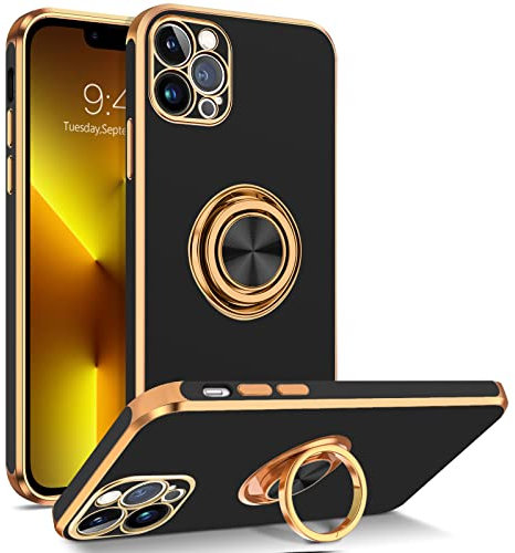 BENTOBEN for iPhone 13 Pro Max Case with Ring, Phone case for iPhone 13 Pro Max, Holder Gold Edge Rotation Kickstand Soft Silicone Bumper Slim Flexible Shockproof Protective Cover for iPhone 13 ProMax