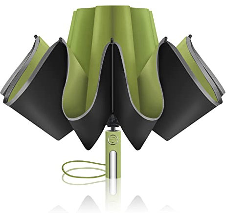 Automatischer umgekehrter faltbarer tragbare Regenschirm, winddicht, wasserdicht, umgekehrter Sonnenschutz, mit reflektierendem Klebeband, mit verstärktem Rahmen, Matcha-Grün