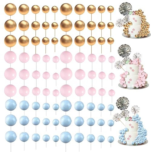 Tortendeko Kugeln, 108 Stück Kuchenaufsätze, Tortenaufsatz Kugeln Geburtstag Hochzeit Jahrestag Party Kchenaufsatz (Gold, Rosa, Blau, 5 Größen bestehen)