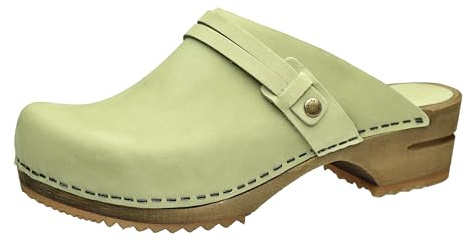 Sanita Ursana offener Clogs | Original handgemacht | Leder-Holzclogs für Damen | Nachhaltige Sohle | Blattgrün | 41 EU
