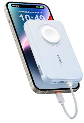 VEGER Power Bank 10000mAh con Cavi Integrati compatibile con iPhone Apple Watch, 20W PD Ricarica Rapida Mini Powerbank USB C Batteria Esterna 4 Ingressi e 3 Uscite con LED Display