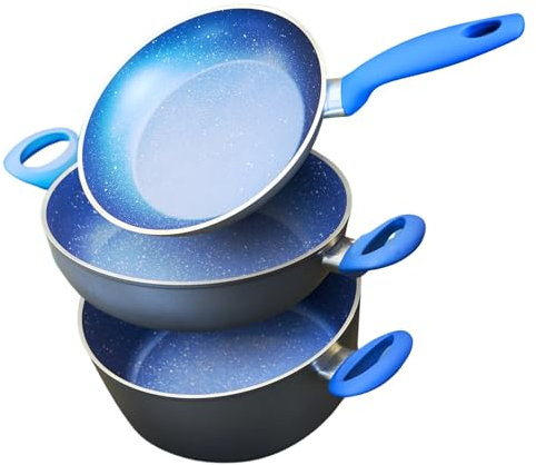 Perla, Set Pentole 3 Pezzi, Padella, Tegame e Casseruola da 24 cm in Vetro Temperato, Superficie Gemmata Antiaderente, Adatte a tutti i tipi di fornelli, Induzione, Gas, Elettrici e in vetroceramica