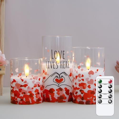 Zevanor Flammenlose flackernde Timerfunktion Glas und Wachs 7,5cm x10 12,5 15cm Kerzen, Packung mit 3 LED-Batterie betriebene Liebe Abziehbilder Kerzen für Valentinstag, Muttertag