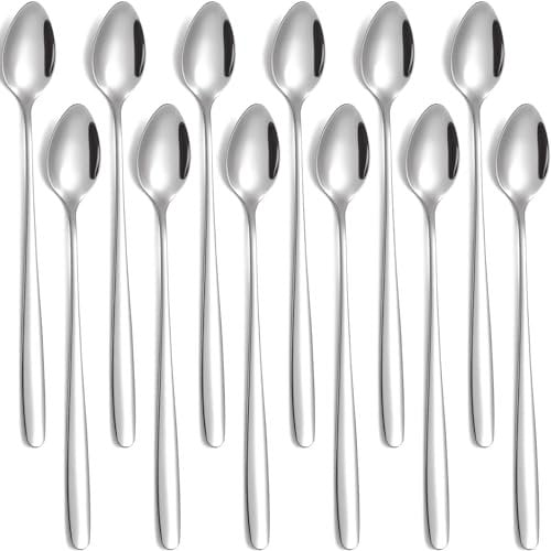 tiokin Lot de 12 cuillères à latte macchiato avec manche de 19,8 cm de long en acier inoxydable pour café glacé, thé glacé, milkshake, coupes à glace, cocktails et desserts