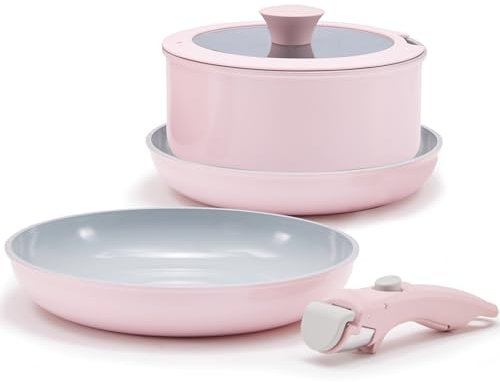vkoocy Non Stick Pot and Pan Set with Removable Handle, Ceramic Cookware Set Detachable Handle, 5pcs Induction Kitchen Camping Stackable Pots Pans, Dishwasher/Oven Safe, Pink, CK004pk