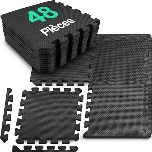 Hulser Tapis de Sport de Sol Salle de Fitness - 30 x 30 x 1 cm - 48 pièces - 4,32 m² - EVA - Tuiles de protection de sol - Tapis isolant en caoutchouc - Sous-tapis de sol de fitness - Sol de sport