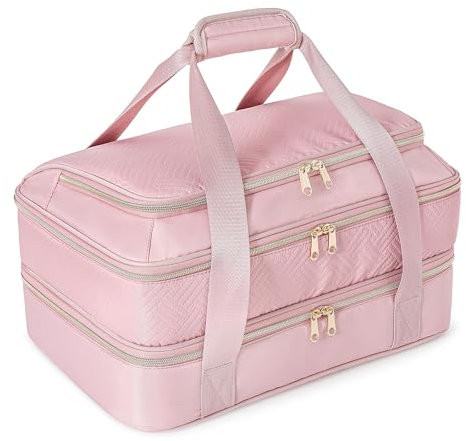 Prokva Insulated Casserole Carrier for Hot or Cold, Thermal Lasagna Lugger Tote to Keep Food Warm, Double Decker Food Warmer Bag Fits 9”x13” Baking Dish, Pink