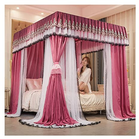 Betthimmel-Moskitonetz für Doppelbett, 4-Pfosten-Betthimmel, Mädchenschlafzimmer, dekorativer Bettvorhang, Rosa (Größe: 150 x 200 x 210 cm)