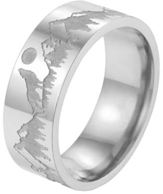 Ring Ringe Damen Bijouterie Herren Graviert Heulender Wolf Mond Wald Bergblick Ring Hochzeit Party Geometrisch Punk Männer Frauen Stahl