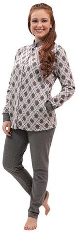 Leo Corsetteria Pigiama Donna Pile Caldo Giovane Invernale Collo Alto Abbottonato con Tasche Fantasia Rombi Grigio Taglia L