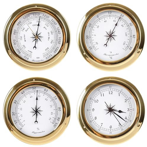 4 Stück Set Analog Wetterstation, Barometer Thermometer Hygrometer Uhr Kit, Barometer Innen, Barometer Außen, Wetter Barometer für Zuhause Wand Angeln Boot Babyzimmer Büro