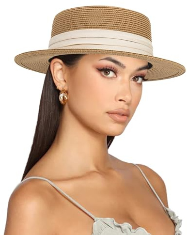 Straw Boater Summer Sun Hat - Wide Brim Fedora Panama Beach Hat for Women