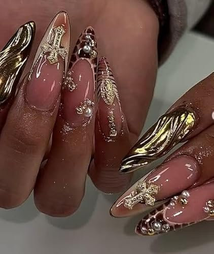MouyouGlow Press on Nails Lang,Stiletto Nude Schwarz Leopard French 3D Goldene Wavy Gems Cross Charms Prele Fake Nails mit Nagelkleber,Black Tips Strass Y2K Coquette Künstliche Fingernägel