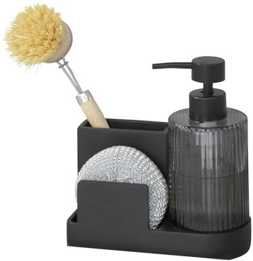 WENKO Organizador Fregadero Mod, Pina Elegante Organizador Cocina y baño con dosificador jabón extraíble poliresina Vidrio 16x17x7.5 cm Negro
